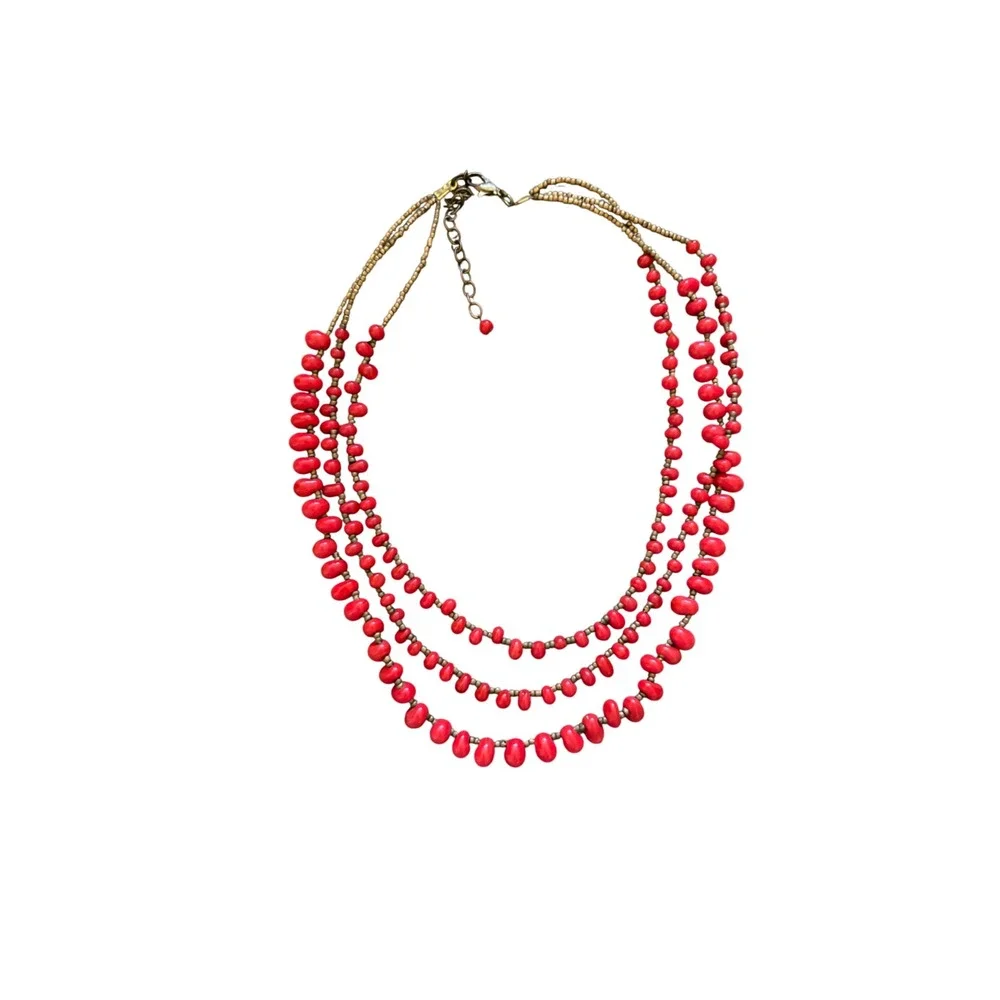 Red Beaded Multi Strand Tiered Necklace and Stretch Bracelet Jewelry Set Boho